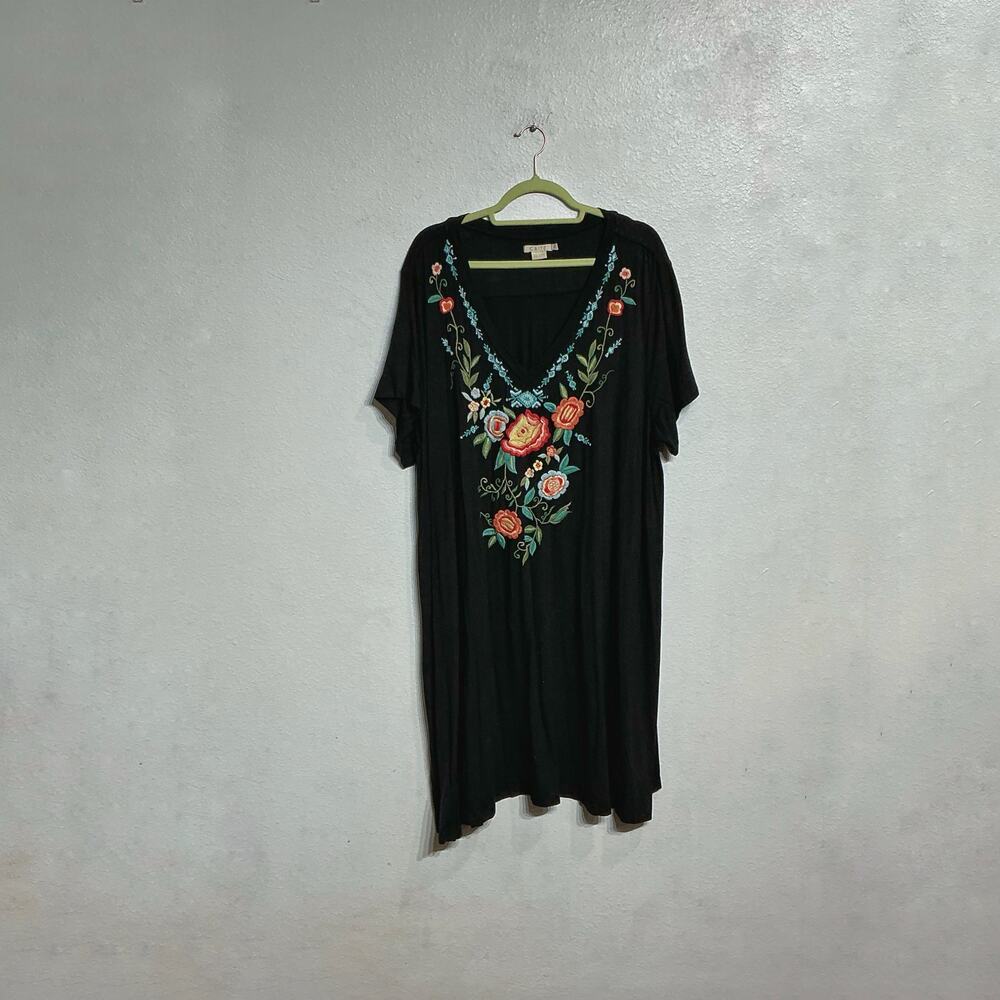 Caite Black Embroidered Floral Boho Swing Dress Sz 2X Midi India